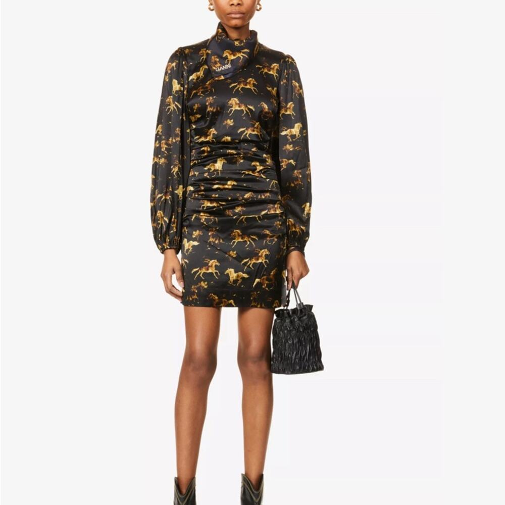 NWT GANNI Black Horses Print Stretch Silk Ruched Mini Dress Size 6 38